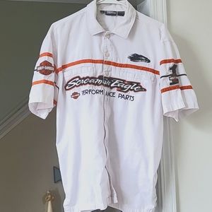Harley Davidson button down shirt.